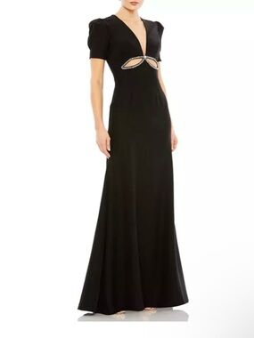 IEENA for MAC DUGGAL Black Rhinestone Cut Out Gown V-Neck Puff Sleeve Size 6